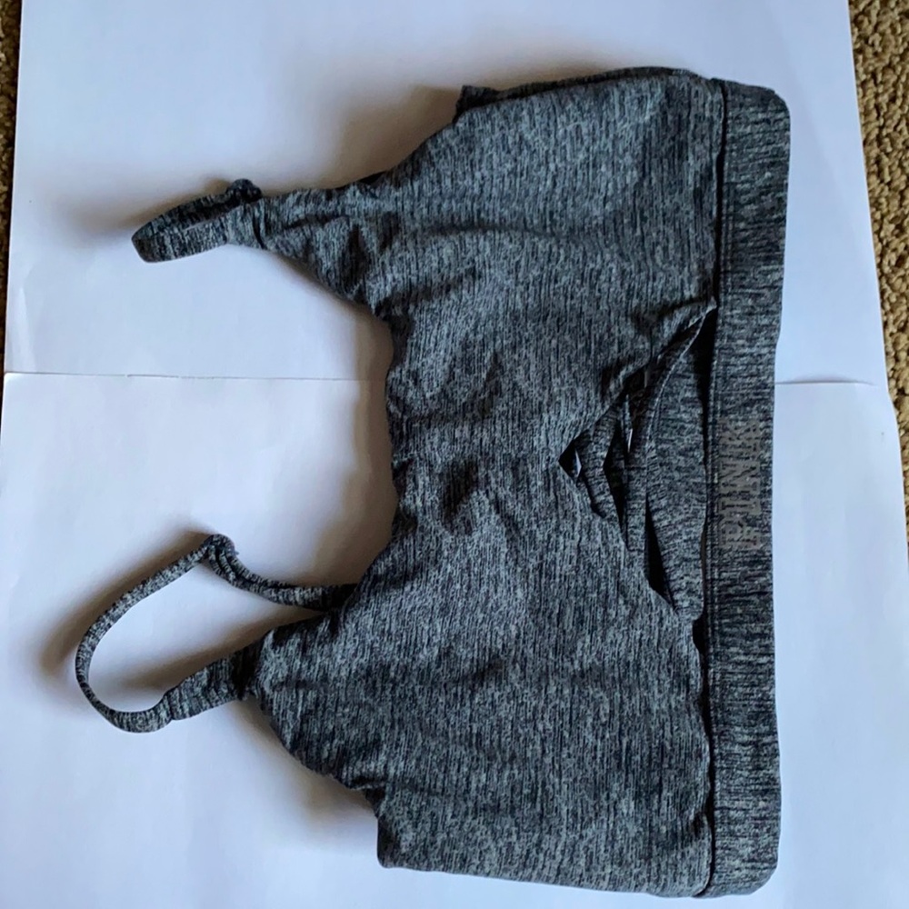 Medium grey black sports bra no padded unlined used Victoria Secret pink